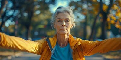 ai généré groupe de plus âgée femmes pratiquant yoga en plein air photo