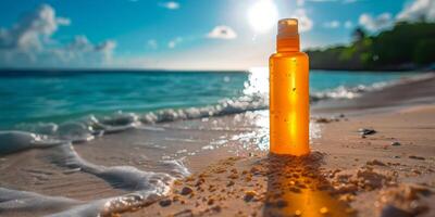 ai généré Orange bouteille sur sablonneux plage photo
