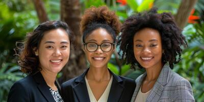 ai généré Trois femmes permanent par des arbres photo