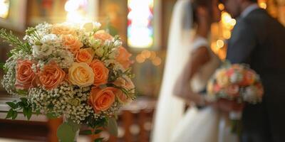 ai généré la mariée et jeune marié permanent dans une église photo