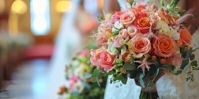 ai généré rose des roses bouquet sur église banc photo