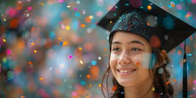 ai généré Jeune femme dans l'obtention du diplôme tenue photo