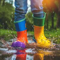 ai généré la personne éclabousser dans coloré pluie bottes photo