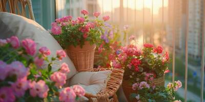 ai généré fleurs arrangé sur une balcon photo