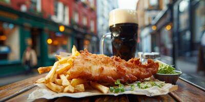 ai généré en bois table avec nourriture assiette et Bière verre photo