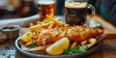 ai généré en bois table avec nourriture assiette et Bière verre photo