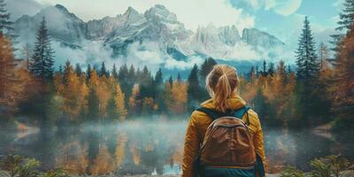 ai généré la personne avec sac à dos observer forêt photo