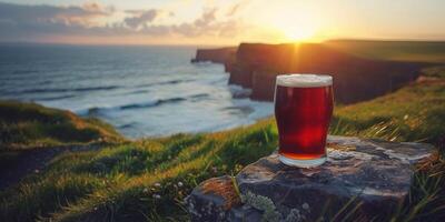 ai généré Bière verre sur falaise bord photo