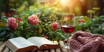 ai généré du vin verre et livre sur table photo