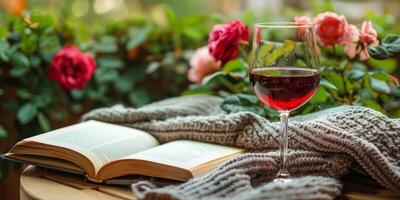 ai généré du vin verre et livre sur table photo