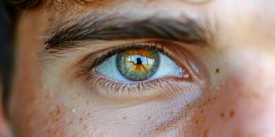 ai généré fermer de une mans bleu œil photo