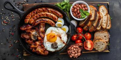 ai généré bacon, œufs, haricots, et tomates dans la poêle photo