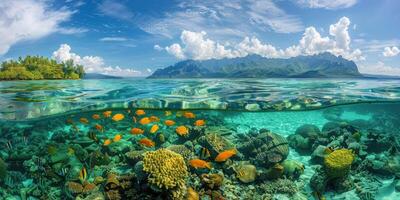 ai généré sous-marin vue de corail récif avec petit île photo