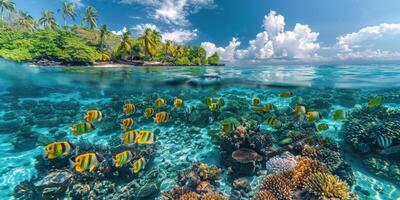 ai généré sous-marin vue de corail récif avec tropical des arbres photo