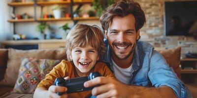 ai généré homme et Jeune garçon en jouant vidéo Jeu photo