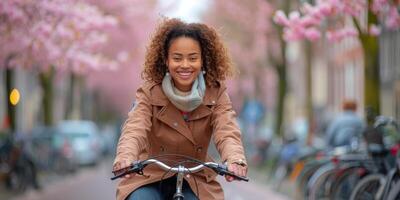 ai généré femme équitation bicyclette vers le bas ville rue photo