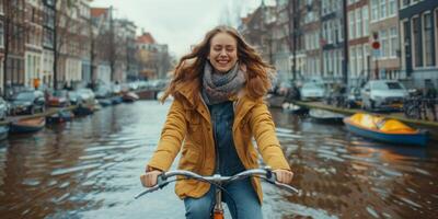 ai généré femme équitation bicyclette vers le bas ville rue photo