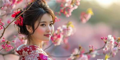 ai généré femme dans rouge et blanc robe permanent en dessous de arbre avec rose fleurs photo