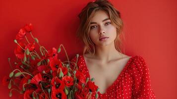 ai généré une Jeune magnifique femme dans une rouge robe avec petit polka points des stands contre une rouge Contexte photo