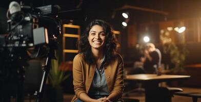 ai généré femme séance dans réalisation studio souriant et Parlant avec vidéo équipage photo