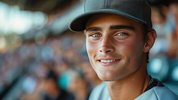 ai généré une jeune, Beau base-ball joueur des stands, souriant à le caméra en toute confiance photo