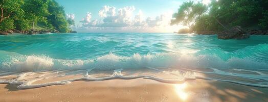 ai généré le sable et le surf sur plage et l'eau et arbre photo