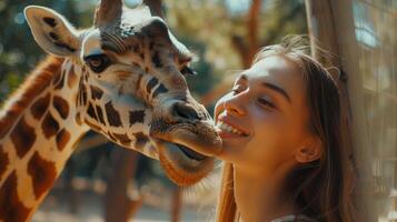 ai généré une jeune, magnifique femme alimente une girafe à le zoo, profiter une unique animal rencontre photo