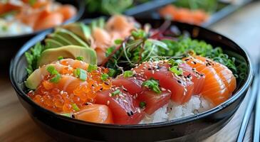 ai généré une bol de Sushi avec Saumon sur Haut photo