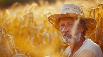 ai généré homme permanent dans grand herbe champ photo