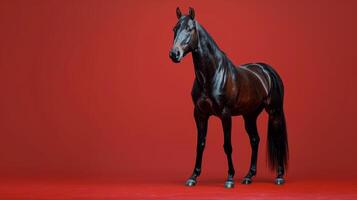 ai généré noir cheval permanent sur Haut de rouge sol photo