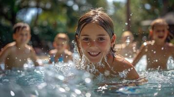 ai généré groupe de les enfants en jouant dans une bassin photo