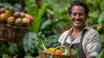 ai généré homme en portant une panier plein de tomates photo