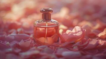 ai généré parfum bouteille sur rose fleurs photo