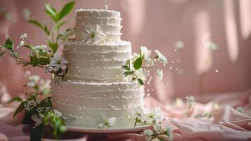 ai généré mariage gâteau avec fleurs sur une table photo