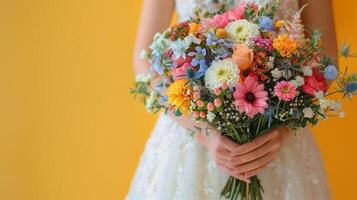 ai généré femme dans blanc robe en portant bouquet de fleurs photo