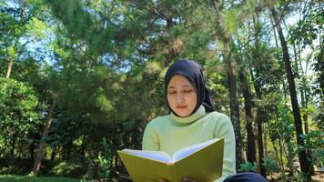 détendu musulman femme profiter fin de semaine à parc, séance sur herbe et en train de lire livre, vide espace photo