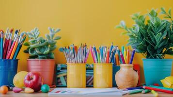 ai généré coloré tasses rempli avec des crayons sur table photo