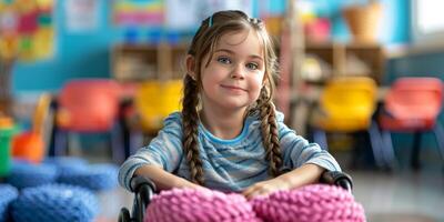 ai généré Jeune fille séance dans fauteuil roulant photo