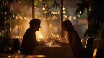 ai généré homme et femme séance à table dans restaurant photo