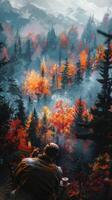 ai généré homme séance dans le les bois photo