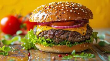 ai généré classique Hamburger avec oignons, fromage, et salade photo