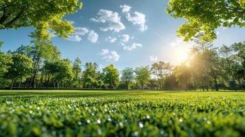 ai généré Soleil brillant par des arbres dans parc photo