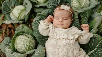 ai généré bébé en train de dormir dans couverture entouré par vert feuilles photo