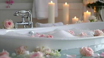 baignoire rempli avec fleurs et bougies photo