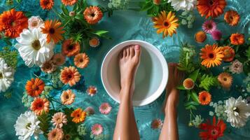 les femmes pieds dans bol entouré par fleurs photo