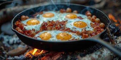 des œufs et Bacon cuisine dans une poêlon plus de une feu de camp photo