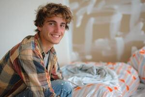 ai généré une souriant adolescent garçon, couvert dans blanc peindre, prend une Pause de La peinture une mur. jeune énergie dans une Accueil réglage photo