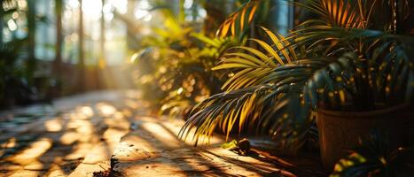 ai généré échapper à une tropical oasis avec cette enchanteur scène de paume feuilles balancement doucement dans le chaud brise photo