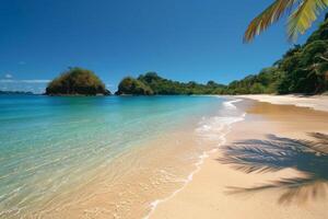 ai généré tropical plage avec d'or sable, cristal clair bleu eau, et paume frondes dans le premier plan en dessous de une brillant bleu ciel. photo