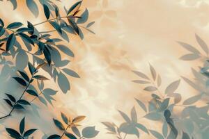 ai généré silhouettes de délicat plante feuilles jeter une Danse de ombres sur une texturé beige toile de fond, évoquant tranquillité photo